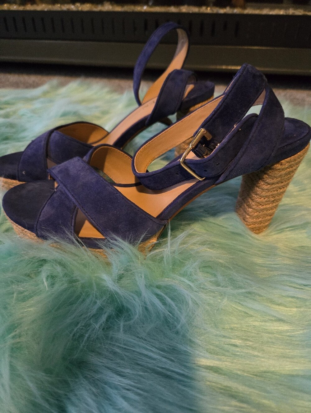 Ralph Lauren Blue Suede Crisscross Ankle Strap Espadrille Sandals - Picture 3 of 8